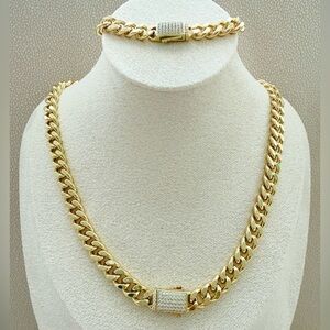 Women & Men Cuban Choker Chain w/ CZ Necklace & Bracelet Set | 14K Gold Plated